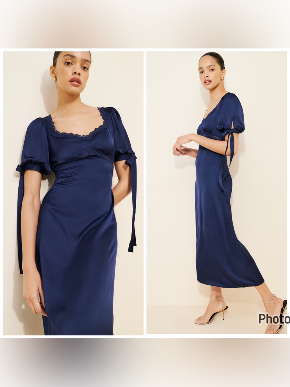 BHLDN Mare Mare Short Sleeve Satin Slip Dress Navy Blue Lace Trim XS Petite